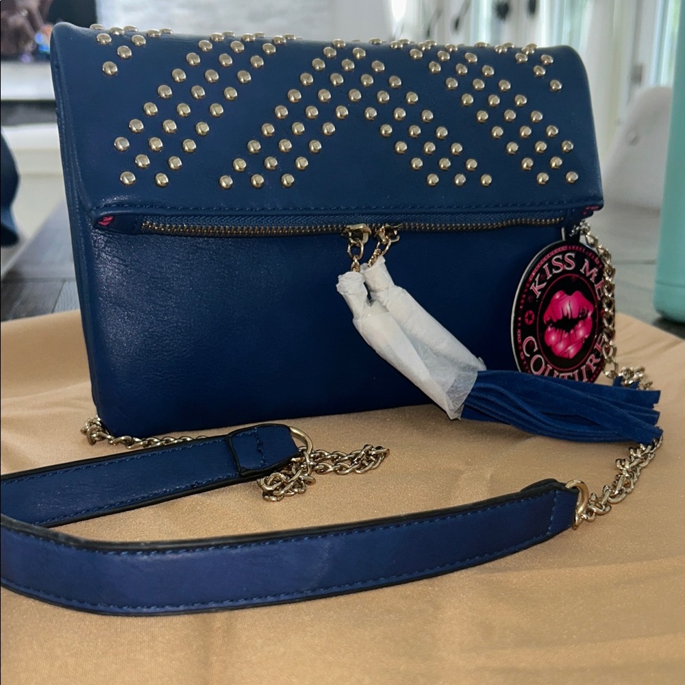 Kiss Me Couture Blue Studded Crossbody Bag NWT